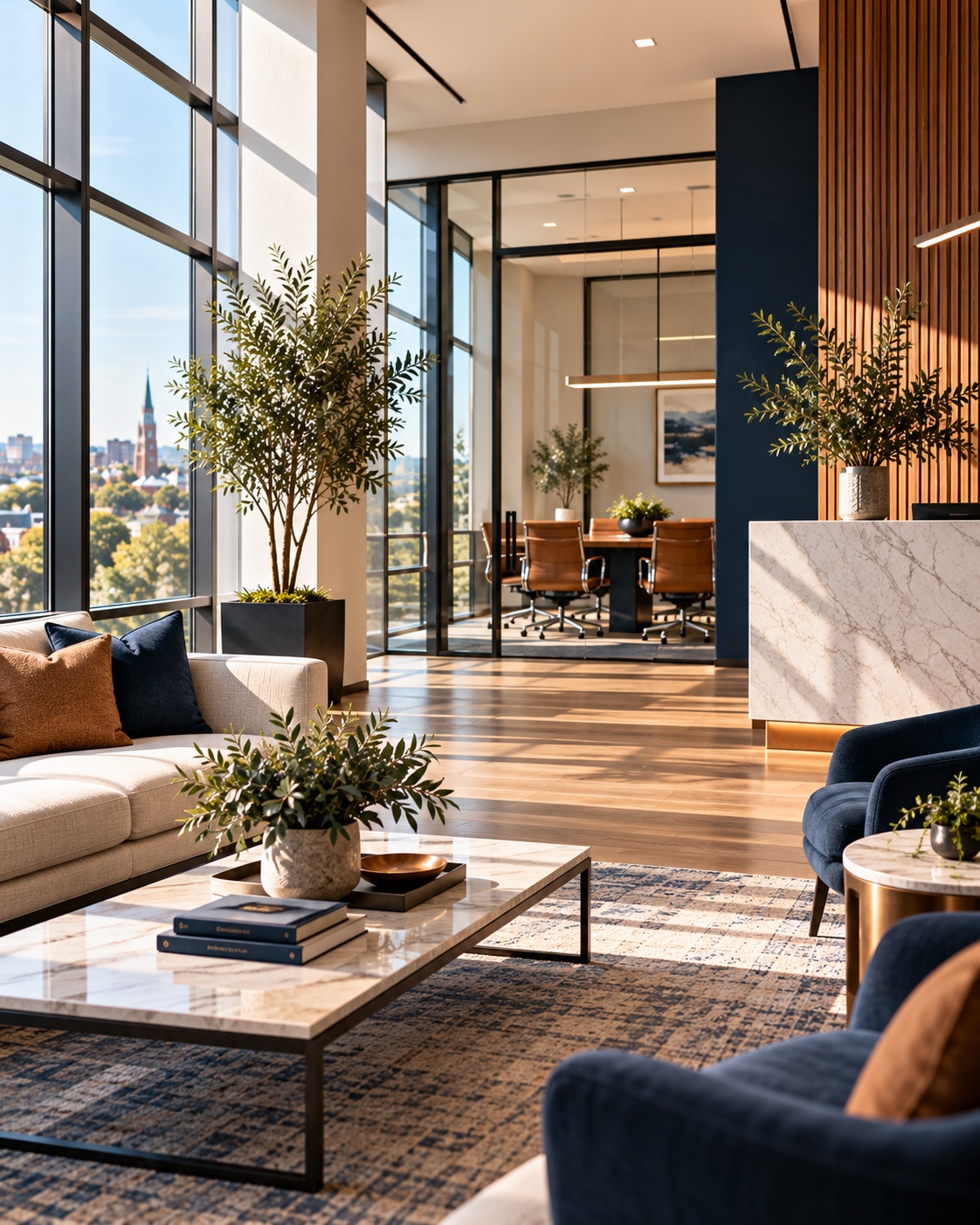 Sunlit contemporary office lounge with a marble reception desk and a glass-walled conference room overlooking the city