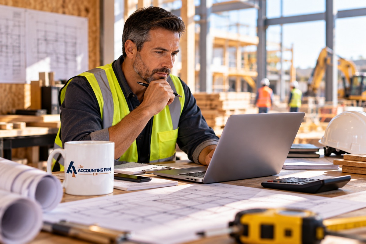 Construction manager reviewing project plans and financial information at a construction site