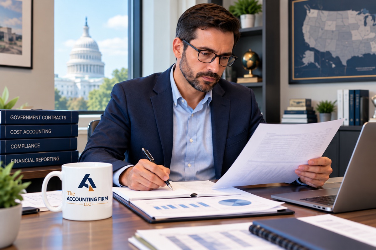 Government contracting business owner reviewing contract budgets and financial reports in an office