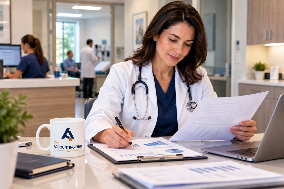 Healthcare professional reviewing financial reports in a medical practice office