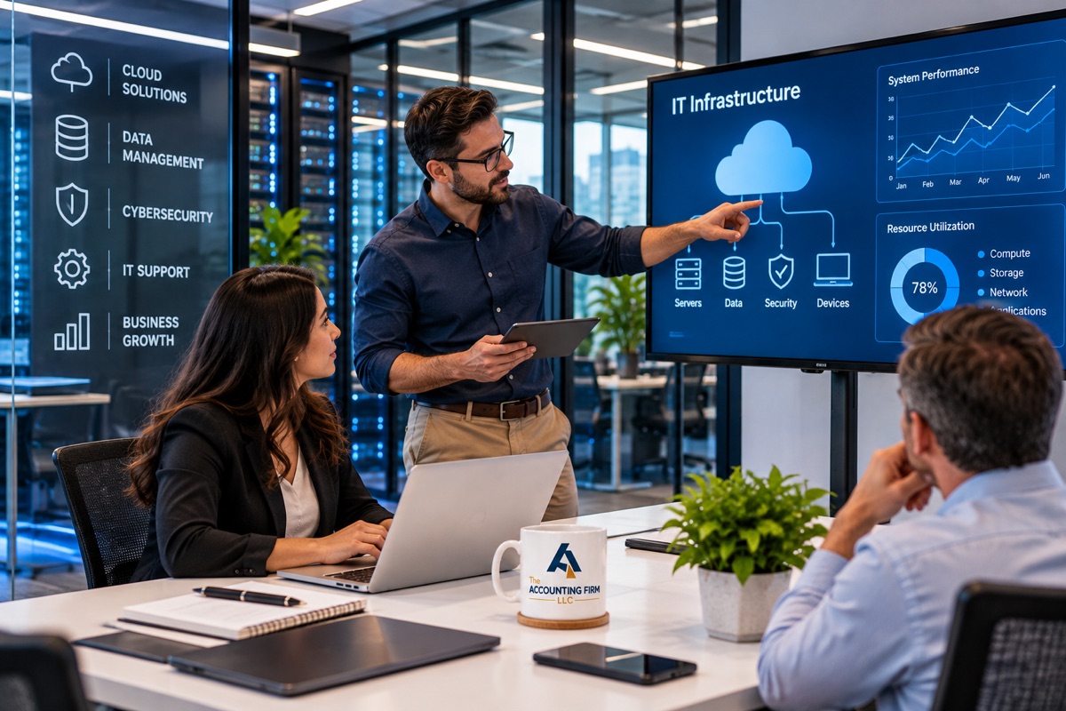 Technology professionals reviewing IT infrastructure and system performance information during an office meeting
