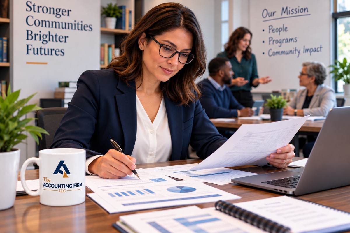 Nonprofit finance manager reviewing financial reports while colleagues collaborate in an office