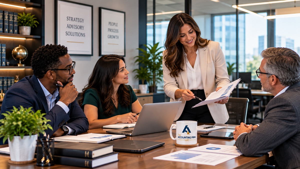 Professional services team reviewing financial reports and project results during a meeting in a modern office