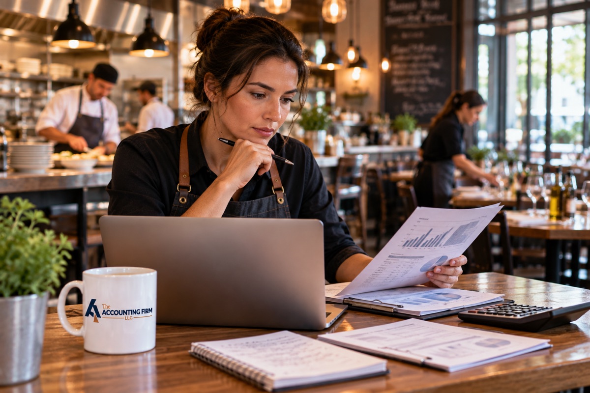 Restaurant owner reviewing financial reports and operating performance inside a restaurant