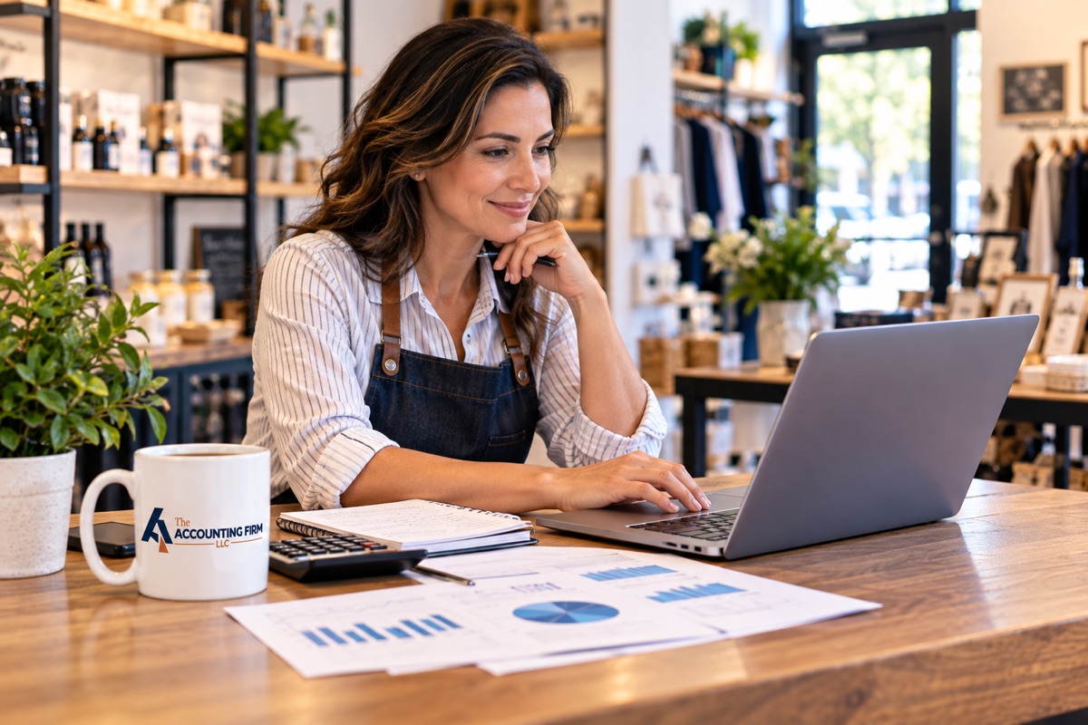 Small-business owner reviewing financial reports in her shop