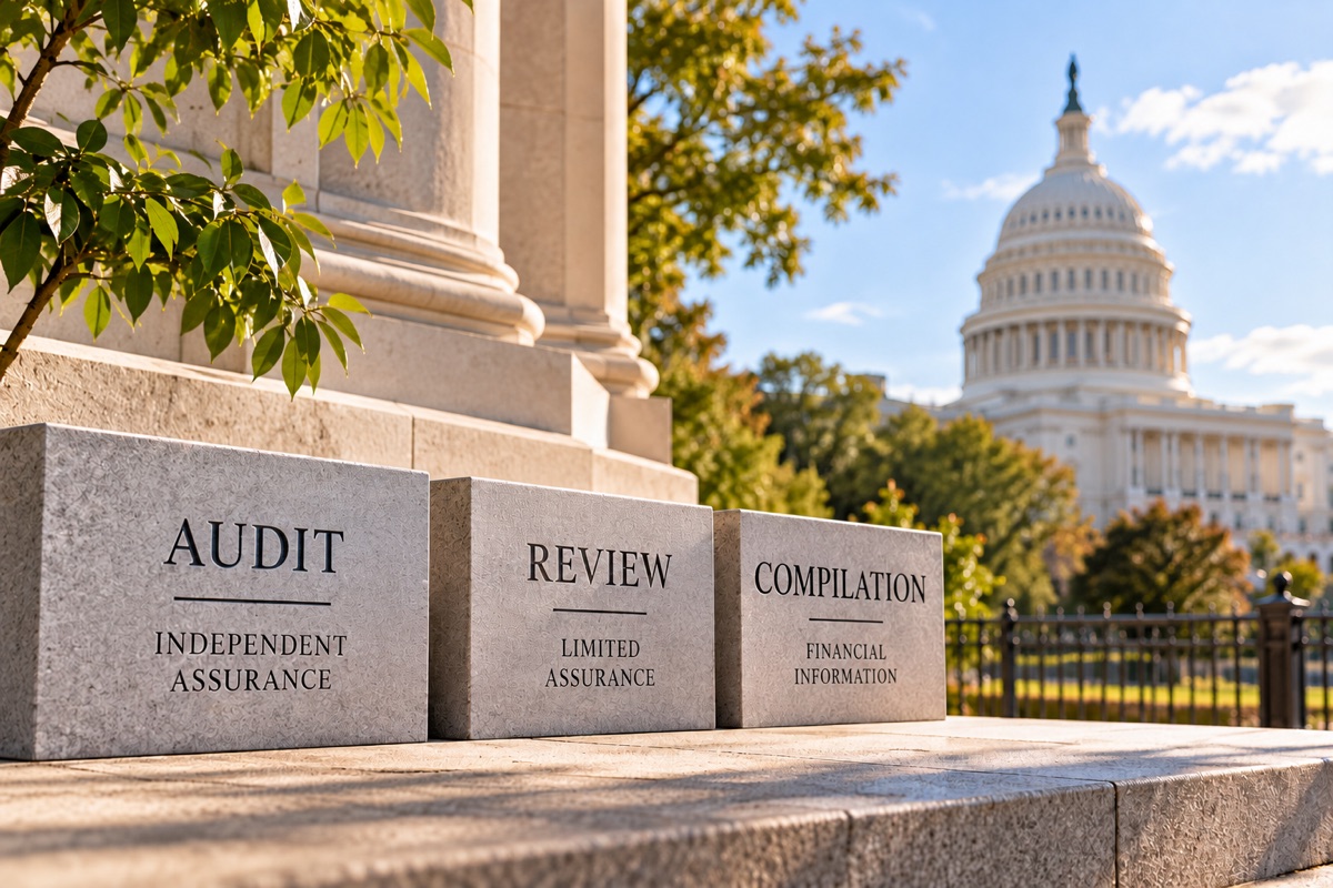 Granite markers labeled Audit, Review and Compilation in front of the U.S. Capitol