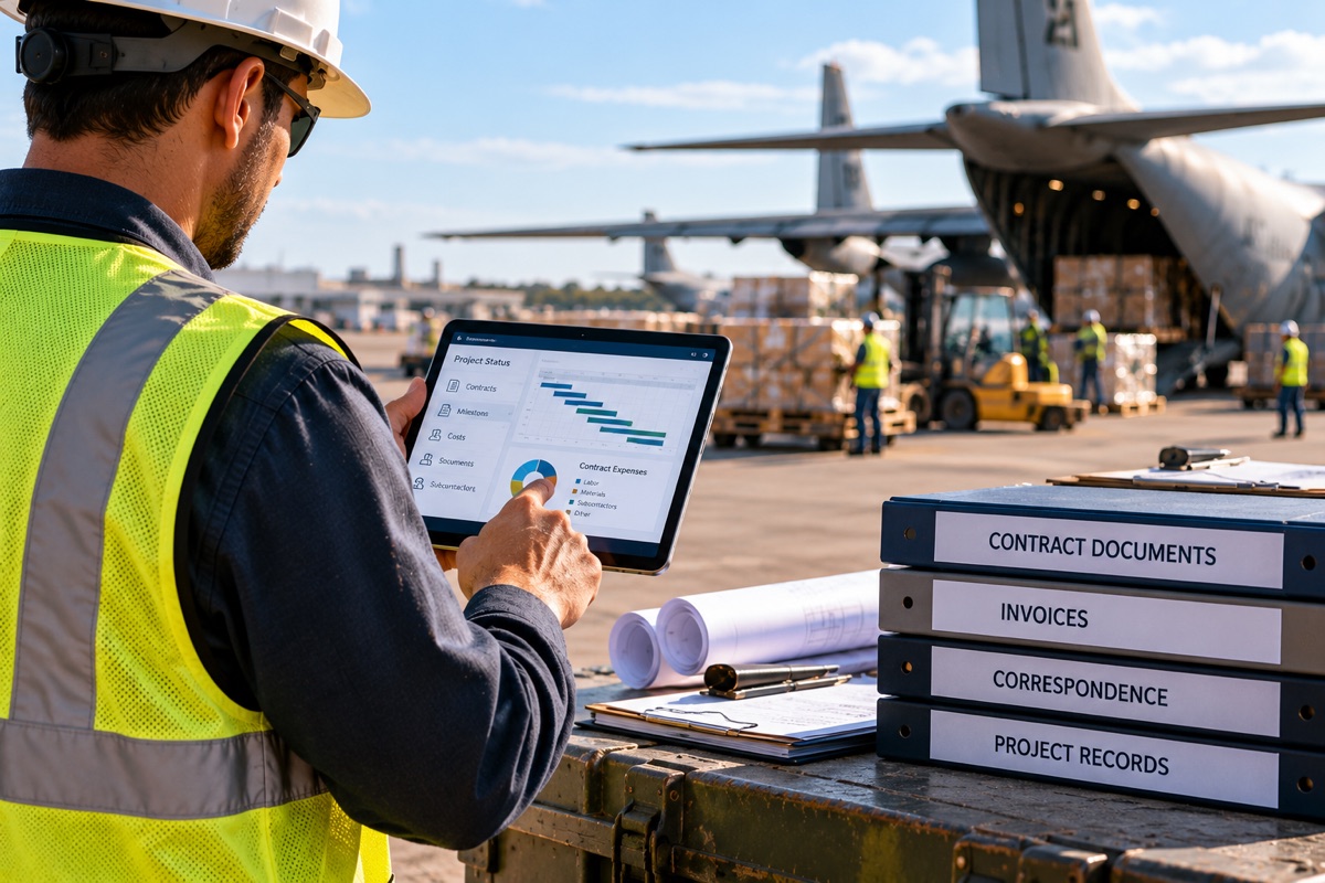 Contractor reviewing project costs on a tablet beside binders for contract documents, invoices, correspondence and project records