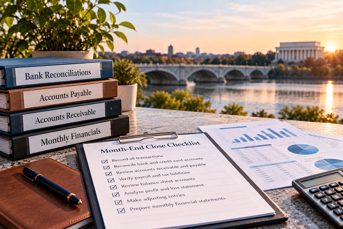 Month-end close checklist and binders for bank reconciliations, accounts payable and receivable beside the Potomac River