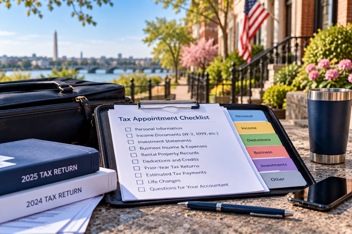Tax appointment checklist on a clipboard beside prior-year tax returns and color-coded document tabs