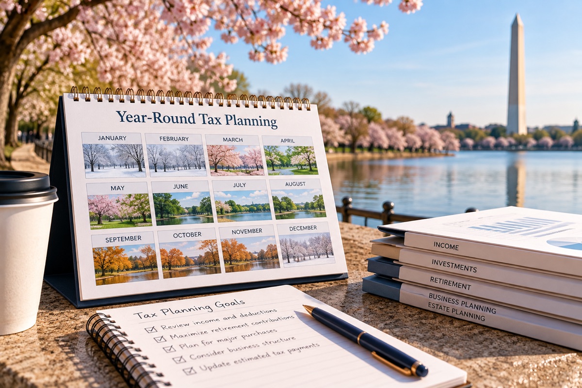 Year-Round Tax Planning desk calendar and a tax planning checklist beside the Tidal Basin and Washington Monument
