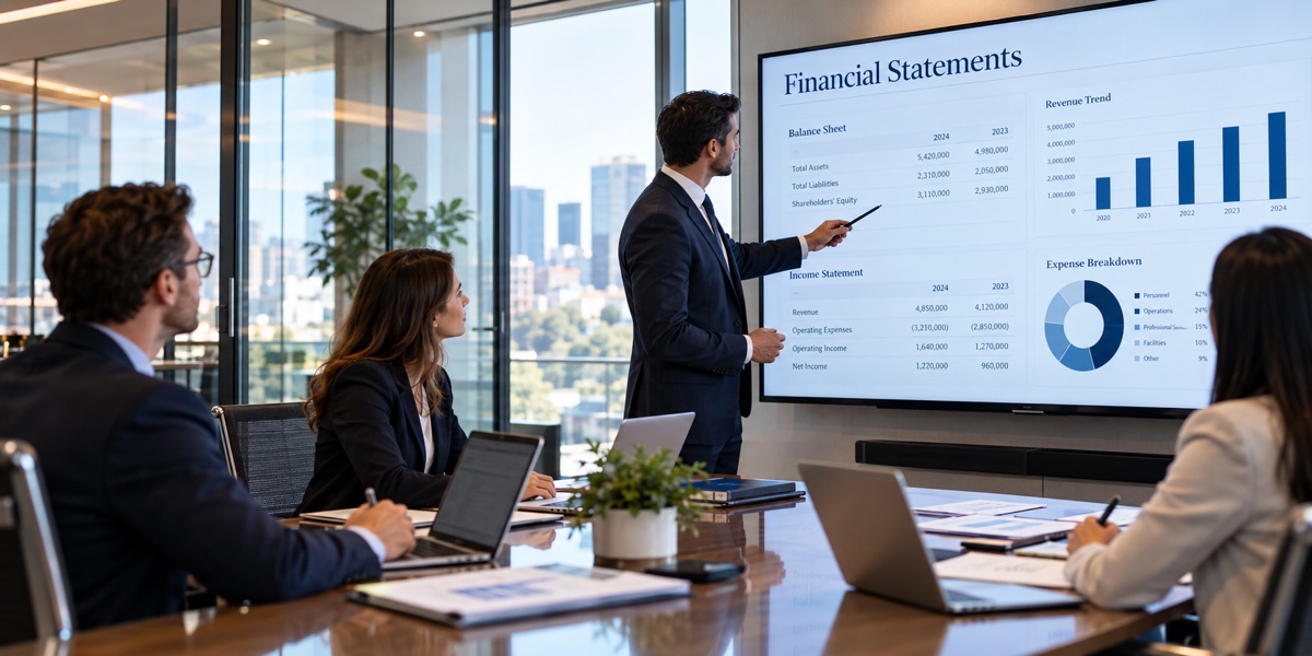 Accountant presenting financial statements on a large screen to colleagues seated around a conference table