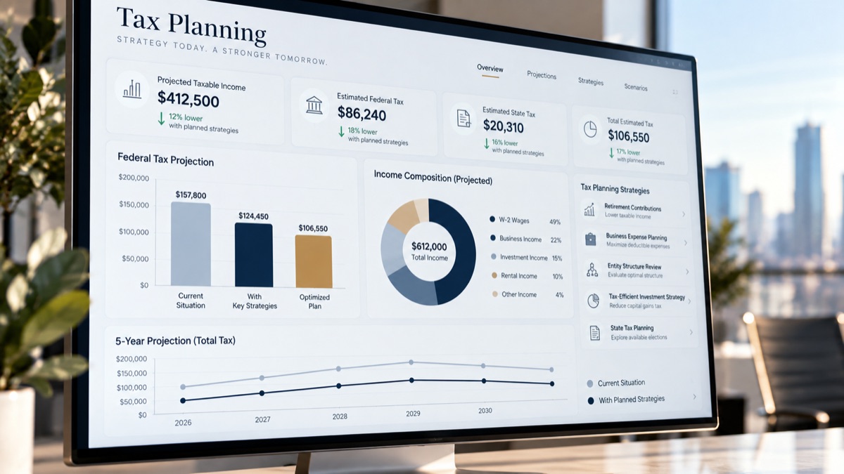 Tax planning dashboard on a desktop monitor showing income projections and a five-year tax forecast