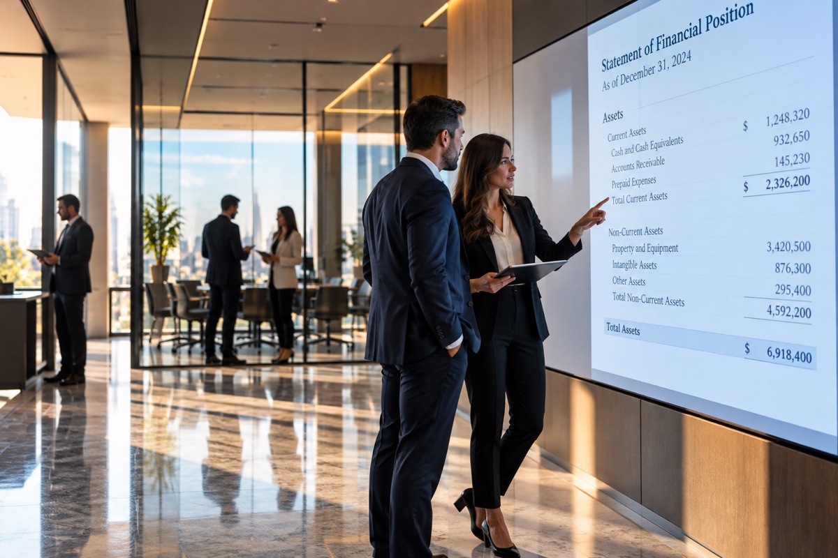 Two colleagues reviewing a statement of financial position displayed on a large screen in a modern office
