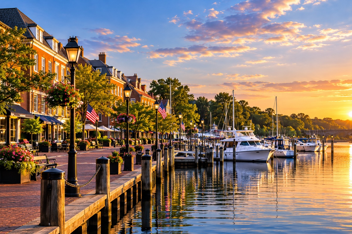 Alexandria waterfront and marina at sunset, with boats, brick buildings and a riverside promenade.