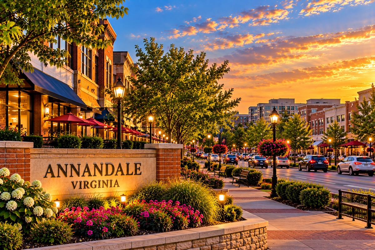 Annandale, Virginia sign on a main street lined with shops and restaurants at sunset.
