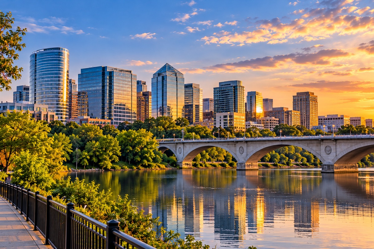 Arlington skyline and the Potomac River at sunset, with an arched stone bridge.