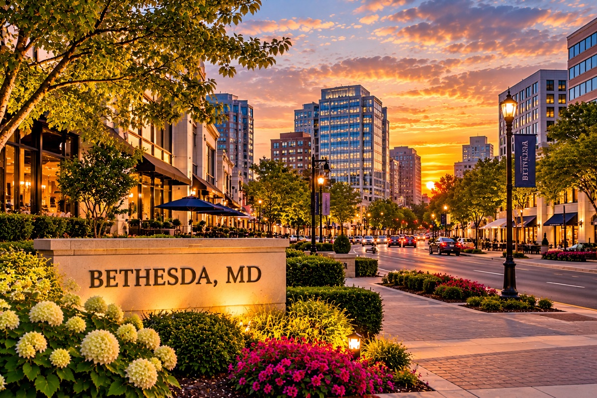 Bethesda, MD sign on a tree-lined street with office towers at sunset.