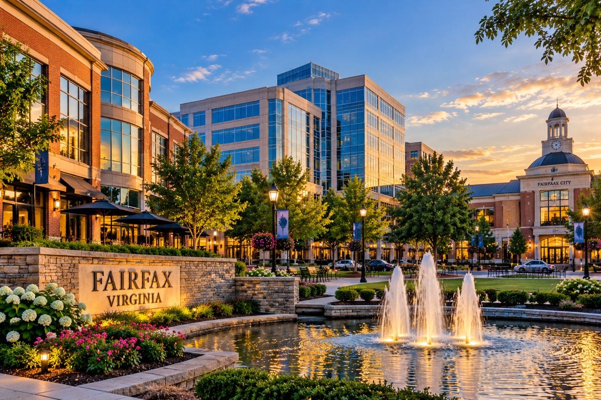 Fairfax, Virginia sign and fountain in front of office and retail buildings at sunset.