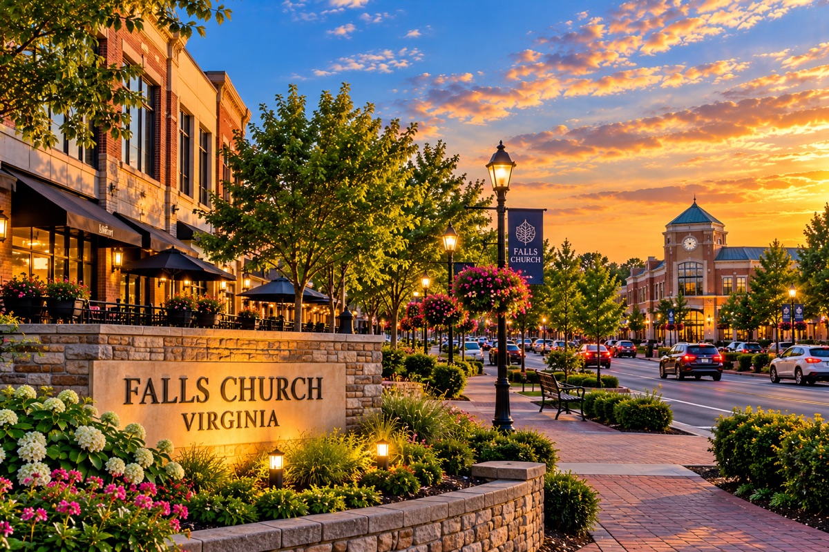 Falls Church, Virginia sign on a tree-lined main street with shops and a clock-tower building at sunset.