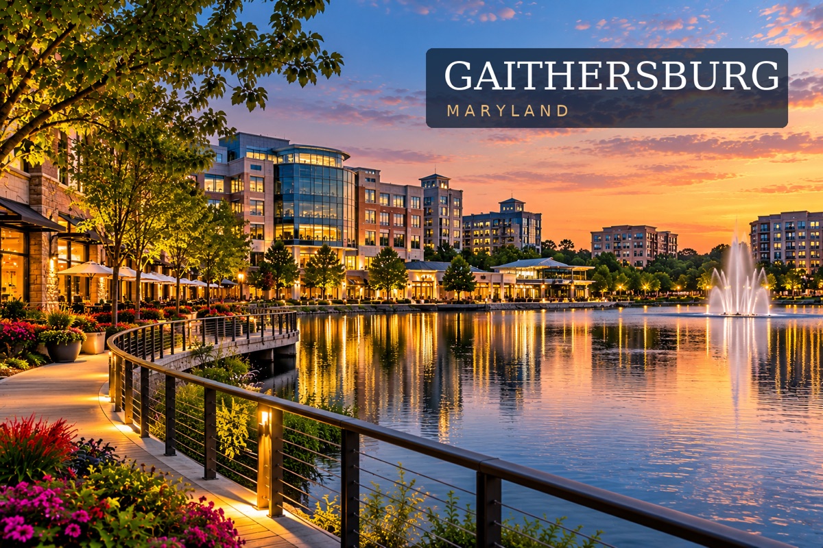 Lakeside promenade and fountain in Gaithersburg, Maryland, at sunset.