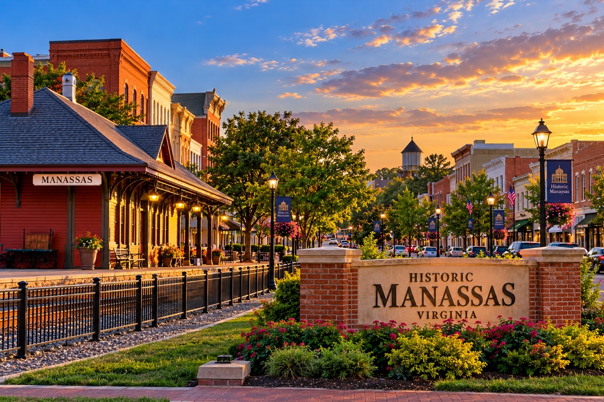Historic Manassas, Virginia sign beside the train depot and a downtown street at sunset.
