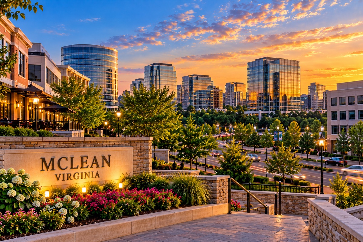 McLean, Virginia sign with office towers and a tree-lined boulevard at sunset.