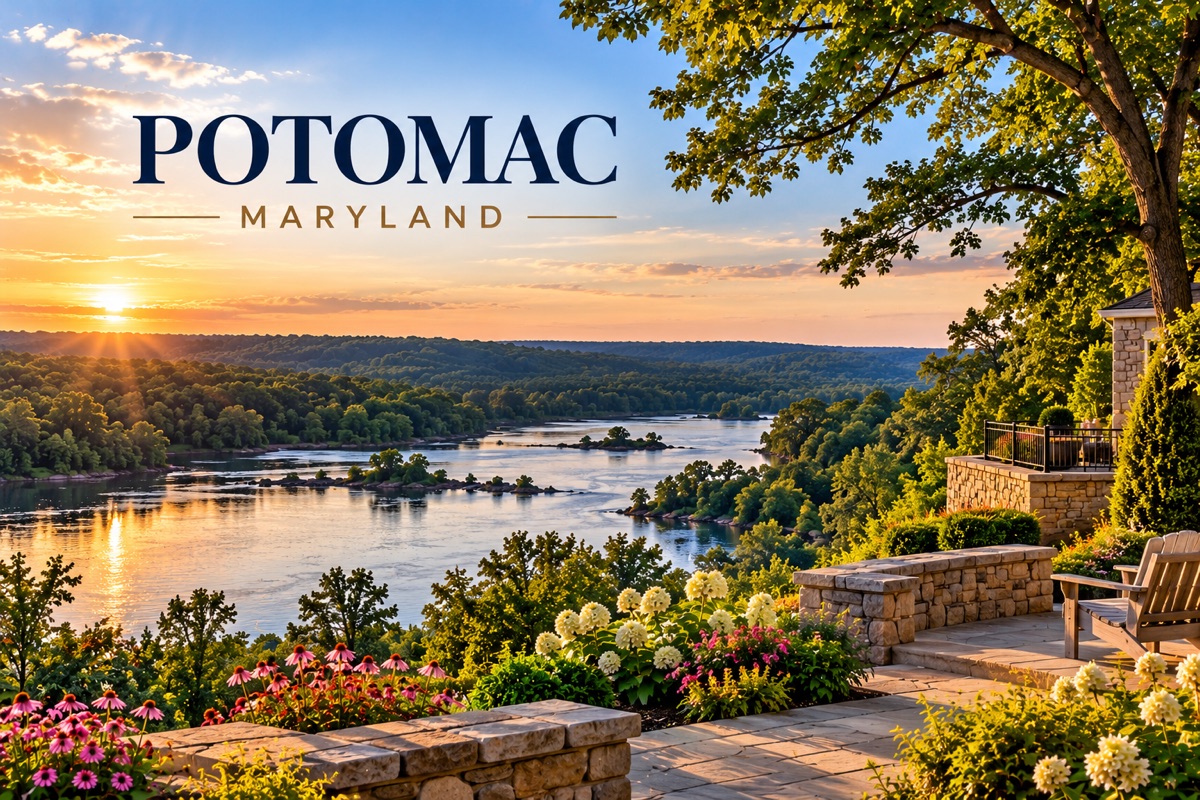 Scenic Potomac River landscape in Maryland at sunset, viewed from a stone terrace.