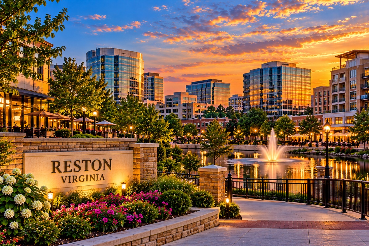 Reston, Virginia sign beside a lake with a fountain and office towers at sunset.