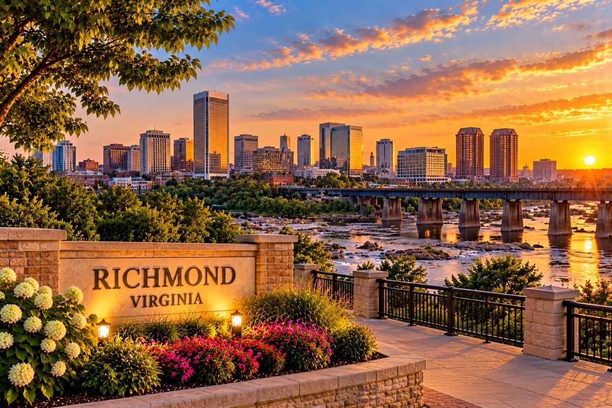Richmond skyline overlooking the James River at sunset, with a Richmond, Virginia sign.