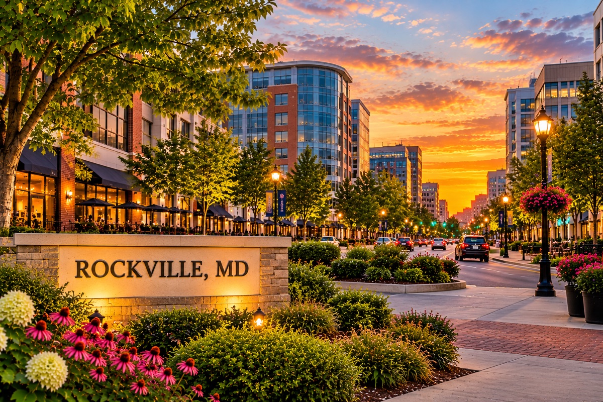 Rockville, MD sign with flower beds, a shopping street and office buildings at sunset.