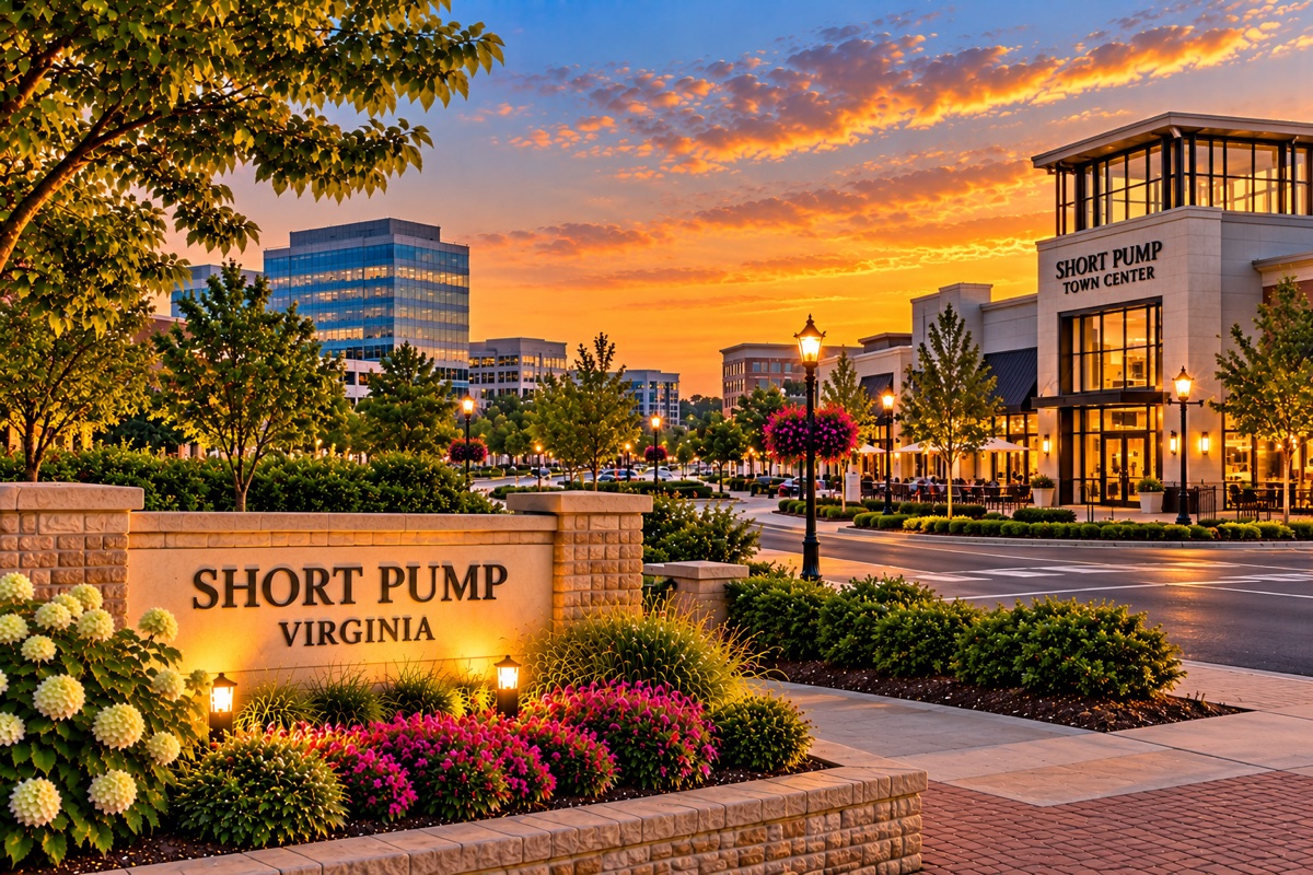 Short Pump, Virginia sign with Short Pump Town Center and office buildings at sunset.