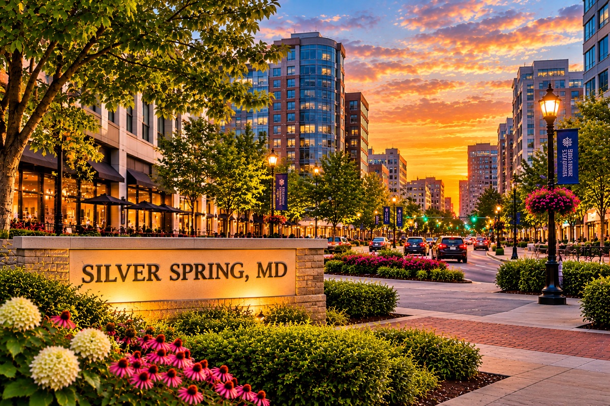 Silver Spring, MD sign on a downtown street with high-rise buildings at sunset.