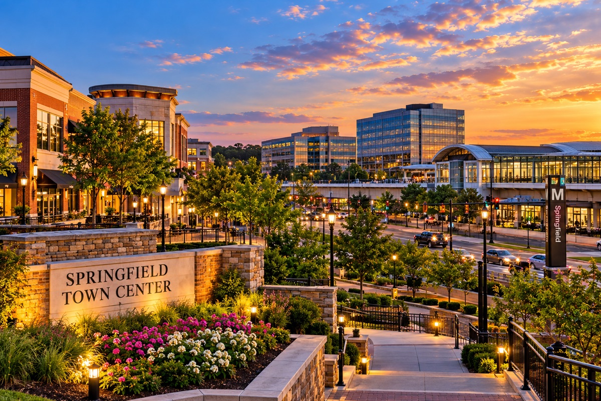 Springfield Town Center sign and landscaped plaza with office buildings at sunset.