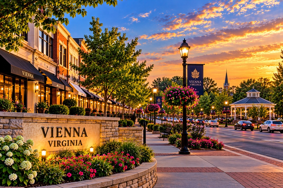 Vienna, Virginia sign on a main street with shops, banners and a gazebo at sunset.