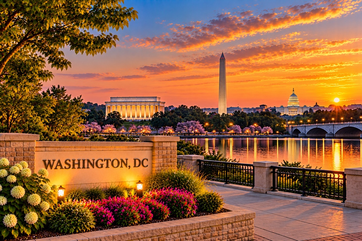Washington, DC sign with the Lincoln Memorial, Washington Monument and U.S. Capitol along the river at sunset.