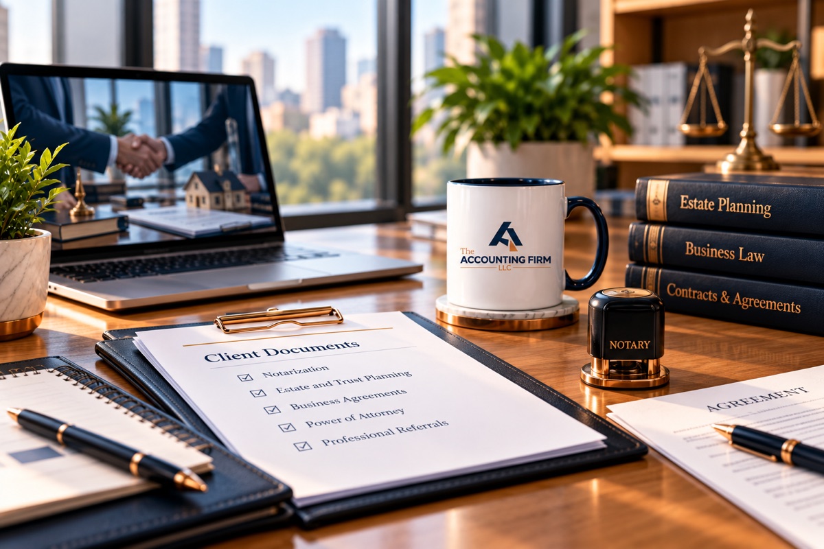 Professional workspace featuring notary documents, estate planning resources, and The Accounting Firm LLC branding