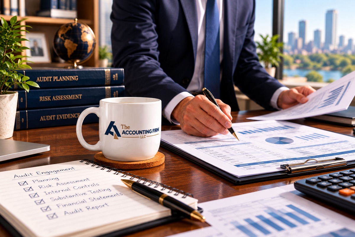 Accounting professional reviewing financial statements and audit documentation at a desk