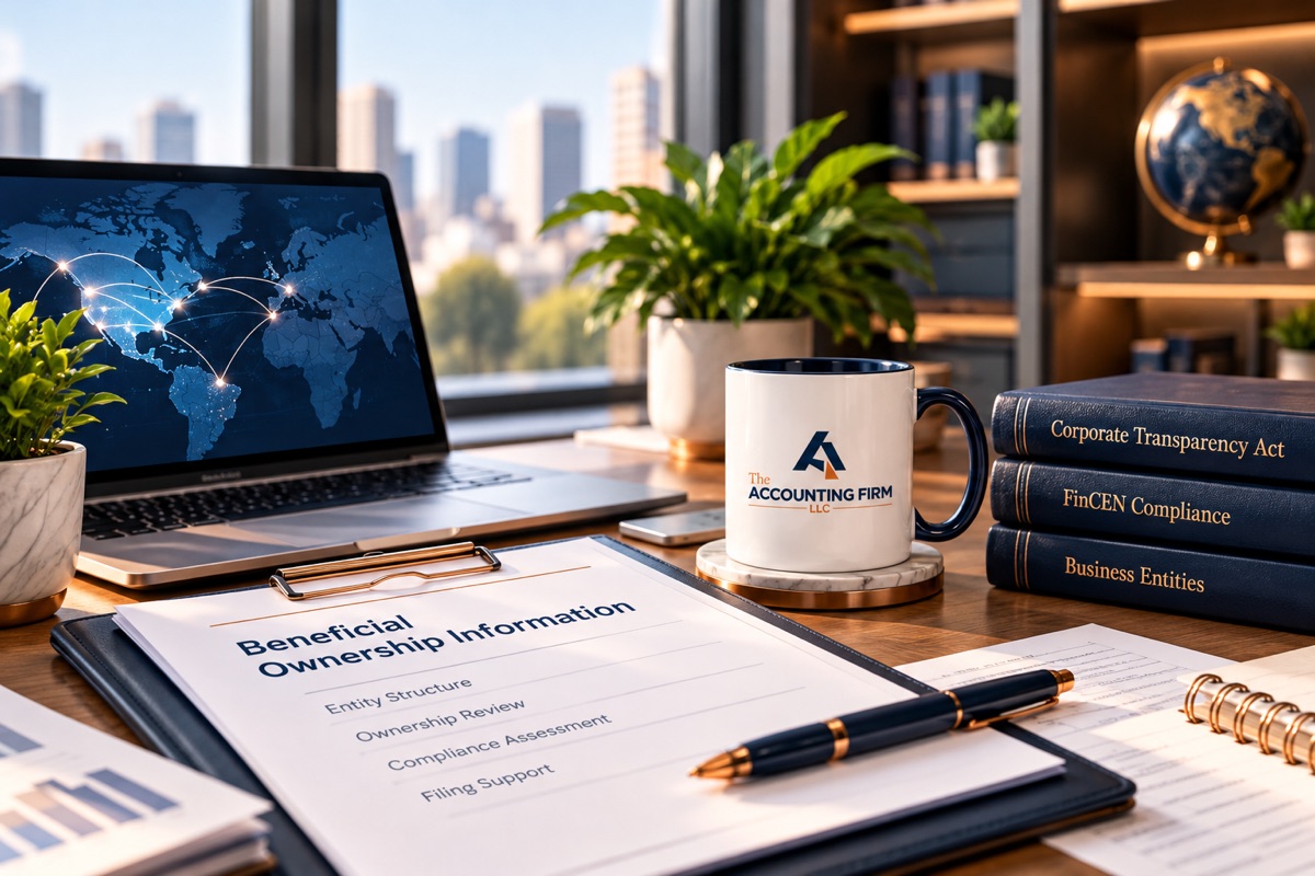 Professional business compliance workspace with beneficial ownership information documents, laptop, and The Accounting Firm LLC branding