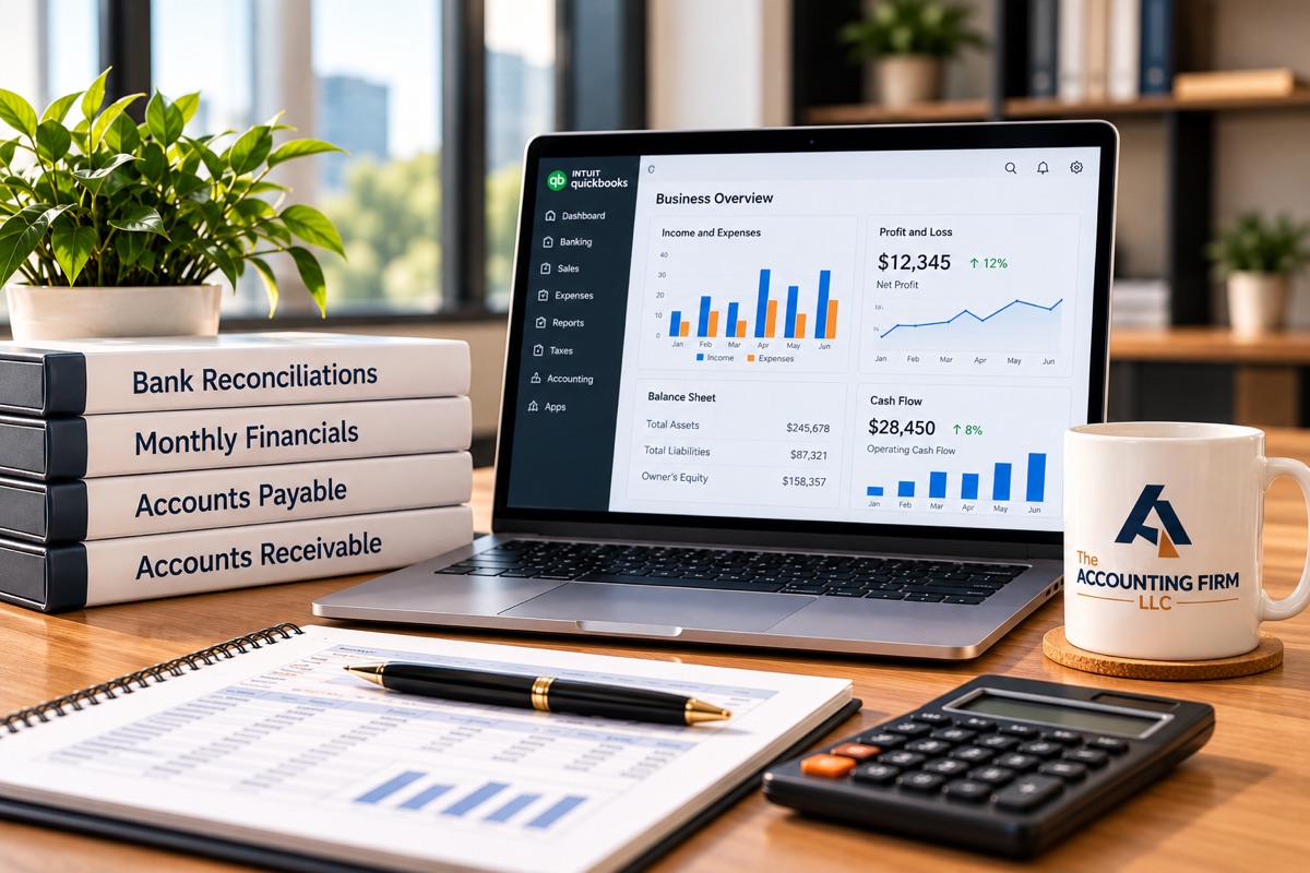Bookkeeping workspace with binders for bank reconciliations, monthly financials, accounts payable and accounts receivable, a laptop showing a business overview dashboard, a notebook and a calculator