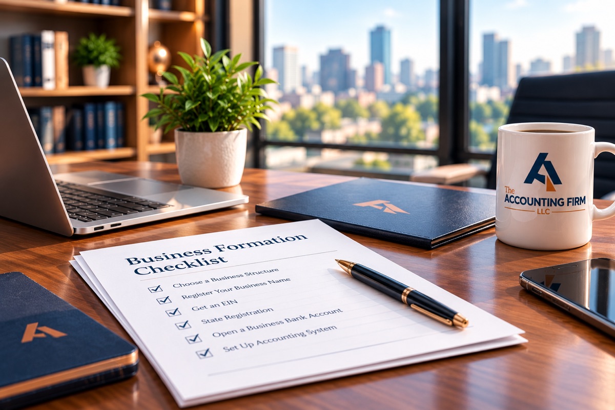 Office desk with a business formation checklist covering business structure, name registration, EIN, state registration, business bank account and accounting system setup, a pen, a laptop, portfolios and a mug with The Accounting Firm logo