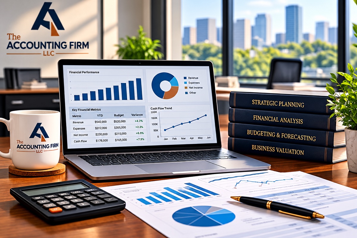 Financial planning workspace with a laptop showing a financial performance dashboard with budget variances and a cash flow trend, strategic planning reference books, printed reports, a calculator and The Accounting Firm logo on the wall and on a mug