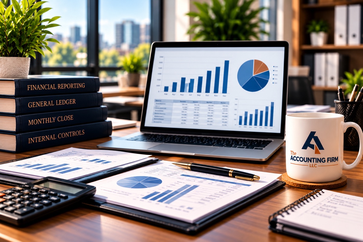 Accounting workspace with reference books on financial reporting, the general ledger, monthly close and internal controls, a laptop showing financial charts, printed reports, a calculator and a mug with The Accounting Firm logo