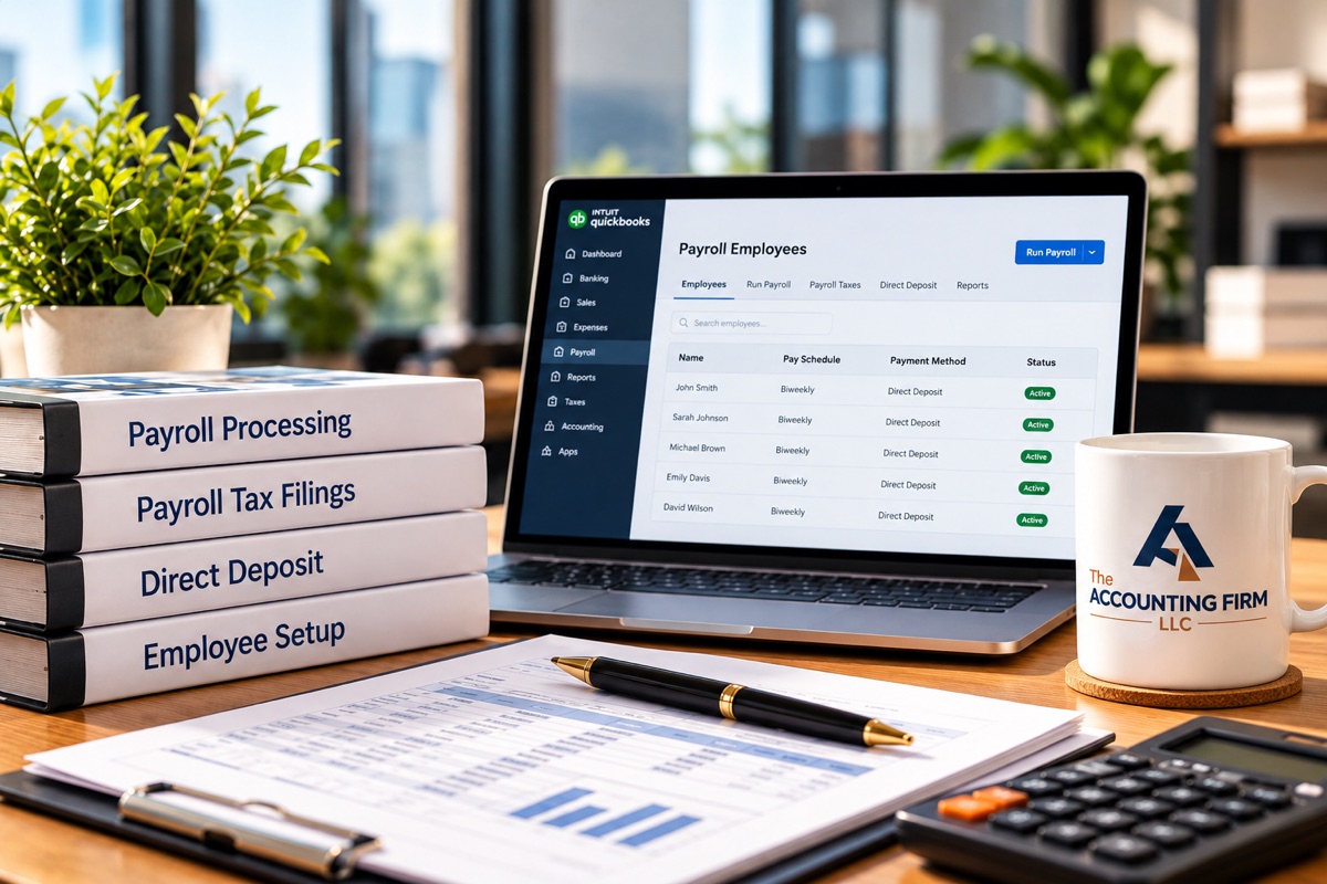 Payroll workspace with binders for payroll processing, payroll tax filings, direct deposit and employee setup, a laptop showing a payroll summary, a payroll report, a calculator and a mug with The Accounting Firm logo