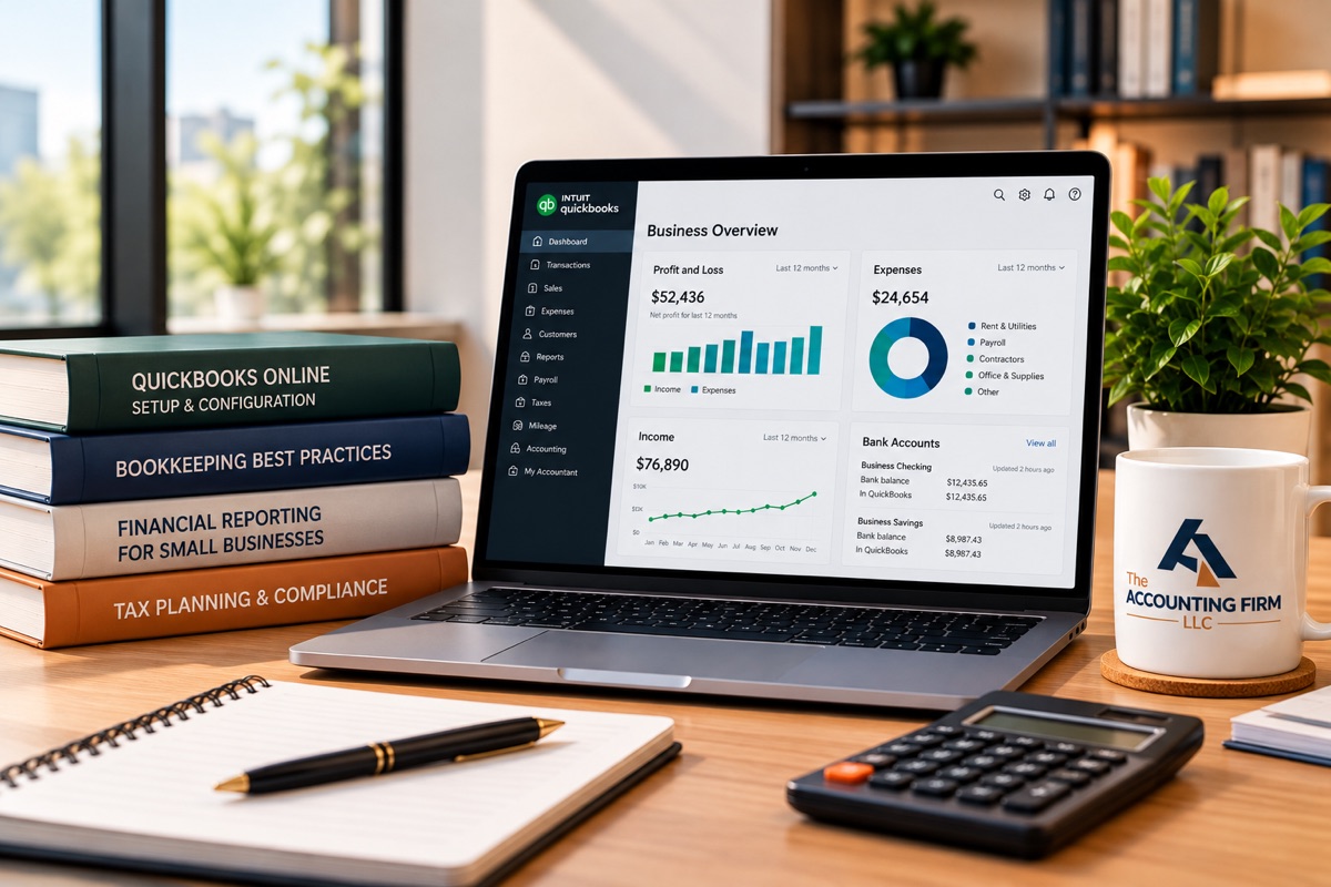Accounting workspace with a laptop showing a QuickBooks Online business overview, accounting reference books, a notebook, a calculator and a mug with The Accounting Firm logo