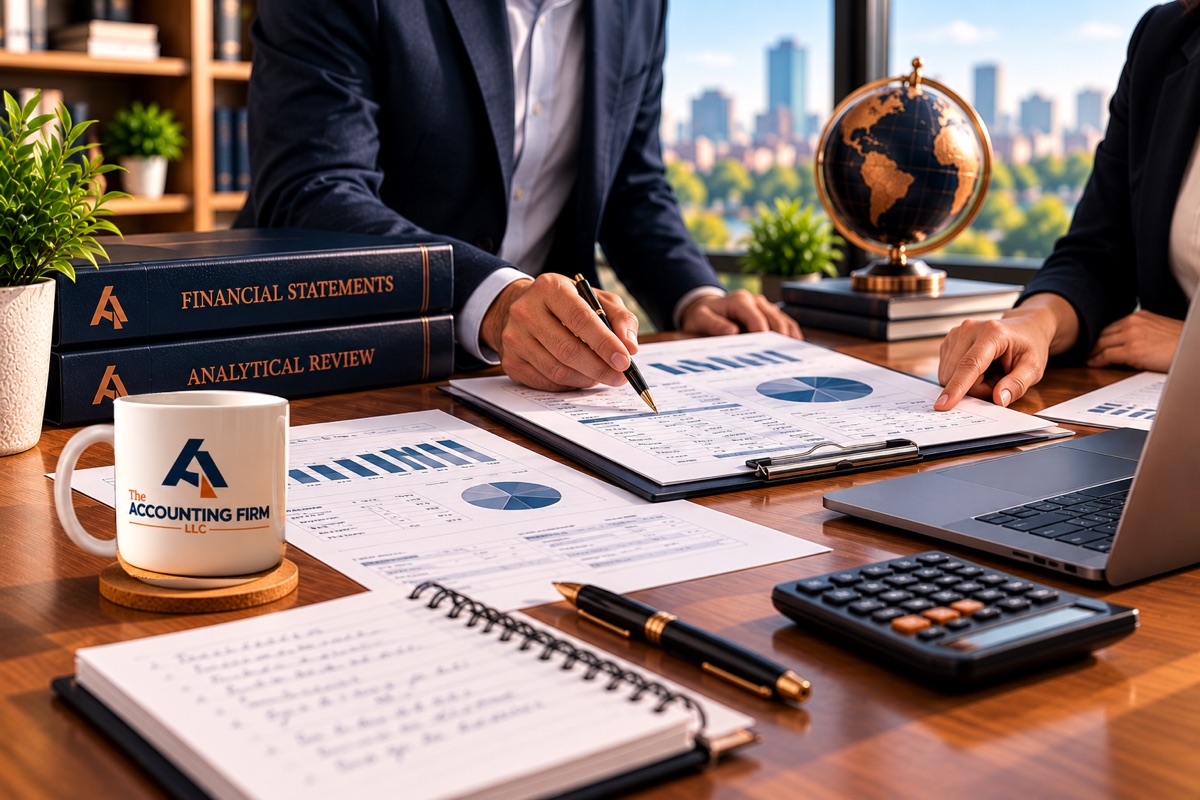 Accountants reviewing financial statements and analytical review schedules at a desk