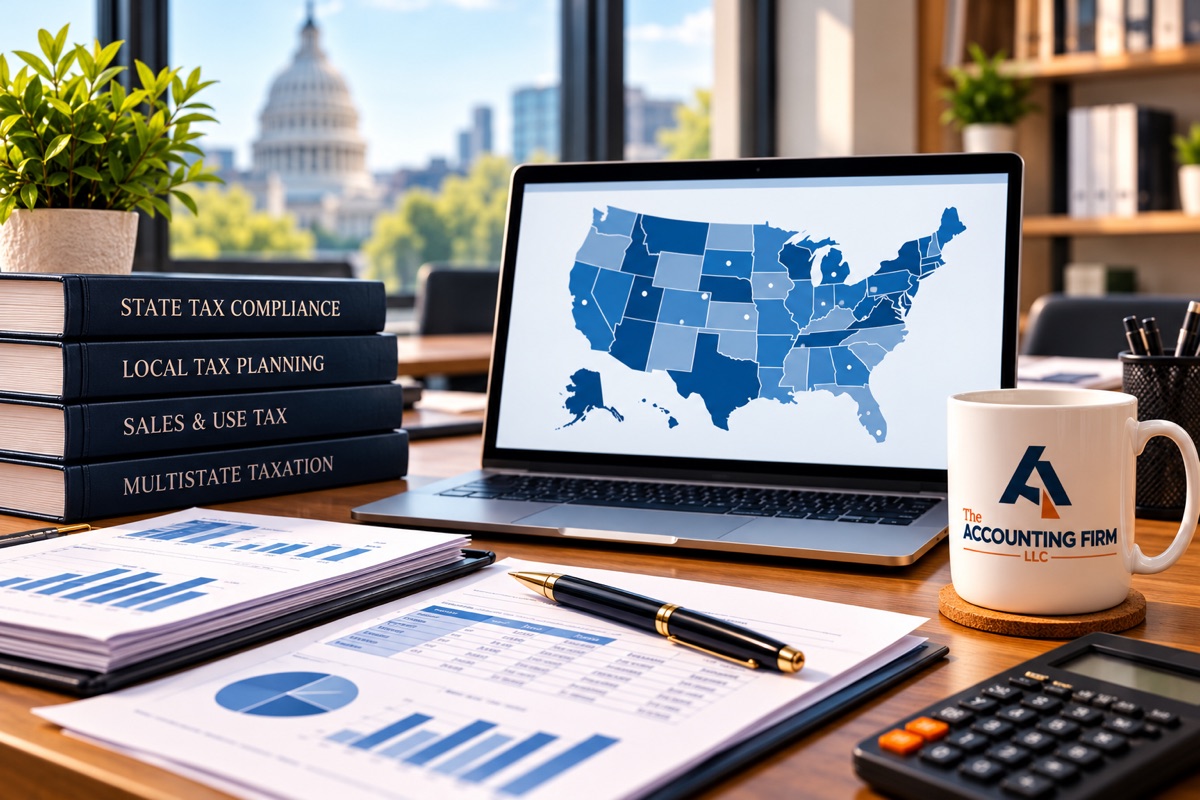 State and local tax workspace with reference books on state tax compliance, sales and use tax and multistate taxation, a laptop showing a map of the United States, tax reports, a calculator and a mug with The Accounting Firm logo