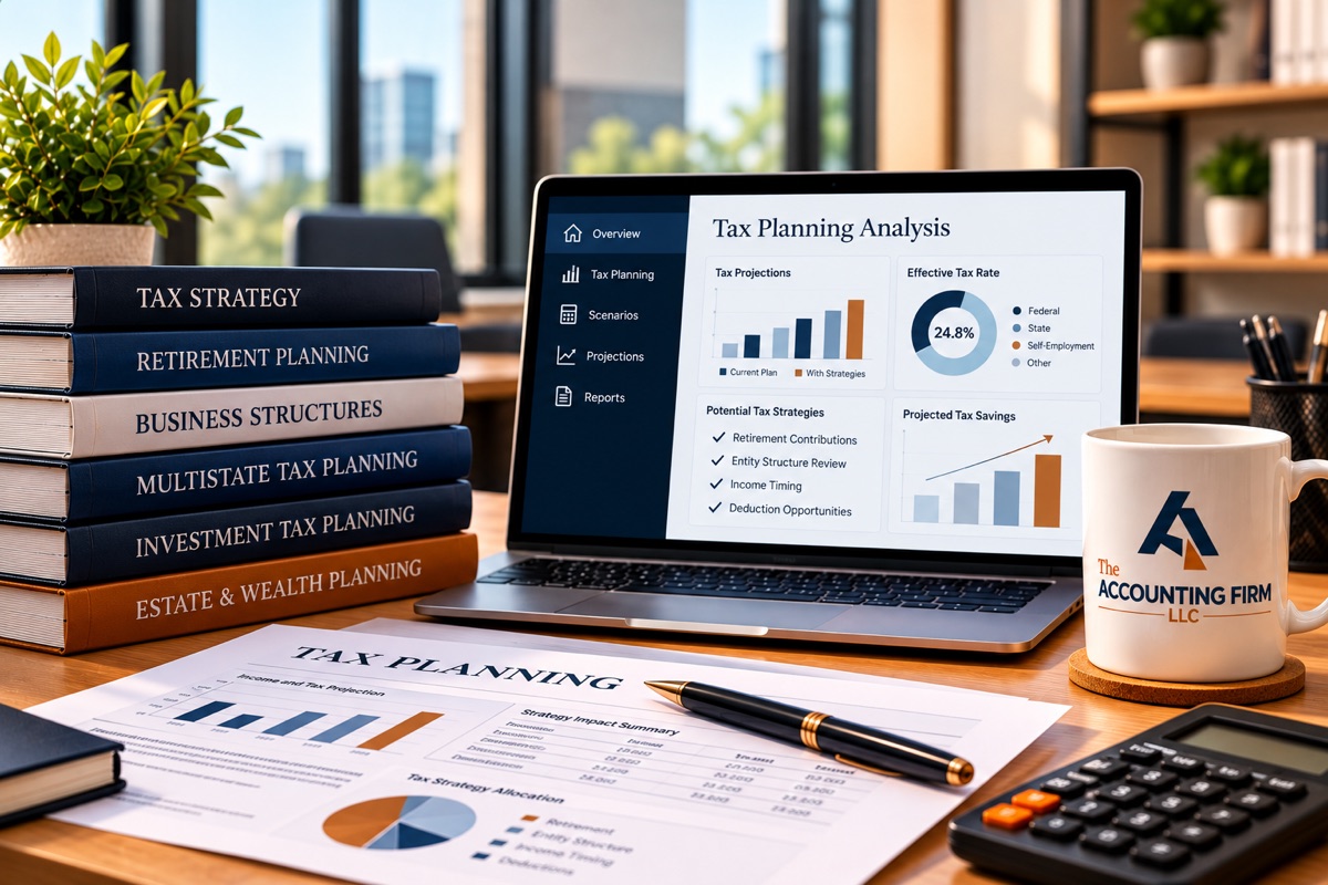Tax planning workspace with tax strategy reference books, a laptop showing a tax planning analysis with projections, a printed tax projection report, a calculator and a mug with The Accounting Firm logo