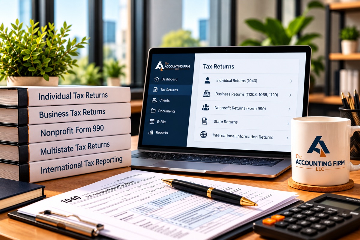 Tax preparation workspace with binders for individual, business, nonprofit, multistate and international tax returns, a laptop showing a list of tax return types, a Form 1040, a calculator and a mug with The Accounting Firm logo